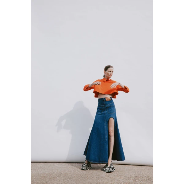 Awake Mode Flared Back To Front Skirt With Cutout Classic Blue Wash, view 2
