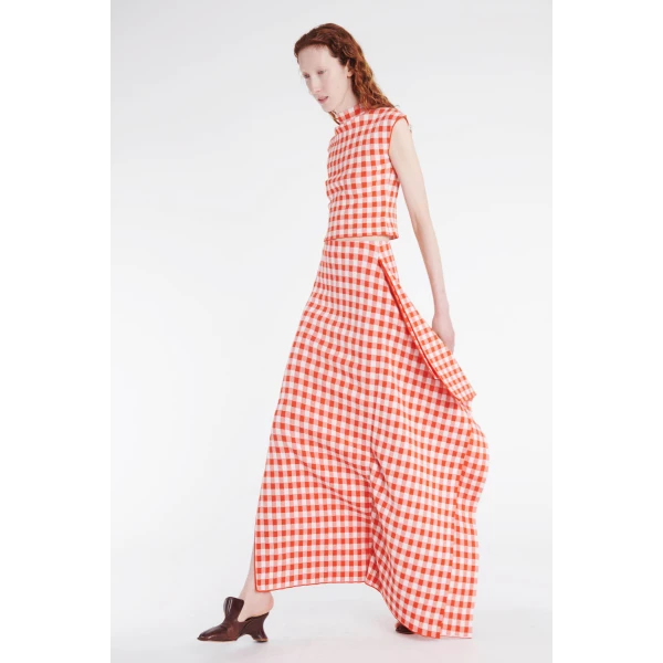 Awake Mode Knitted Fitted Maxi Skirt With Side Panel Red White Gingham, view 2