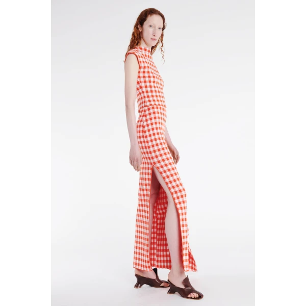 Awake Mode Knitted Fitted Maxi Skirt With Side Panel Red White Gingham, view 3