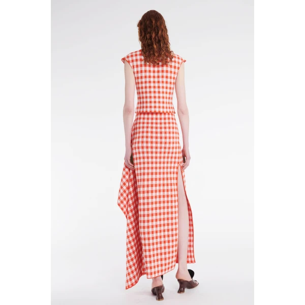 Awake Mode Knitted Fitted Maxi Skirt With Side Panel Red White Gingham, view 4