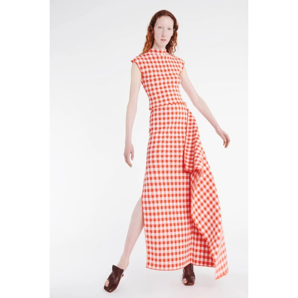 Awake Mode Knitted Fitted Maxi Skirt With Side Panel Red White Gingham, view 5