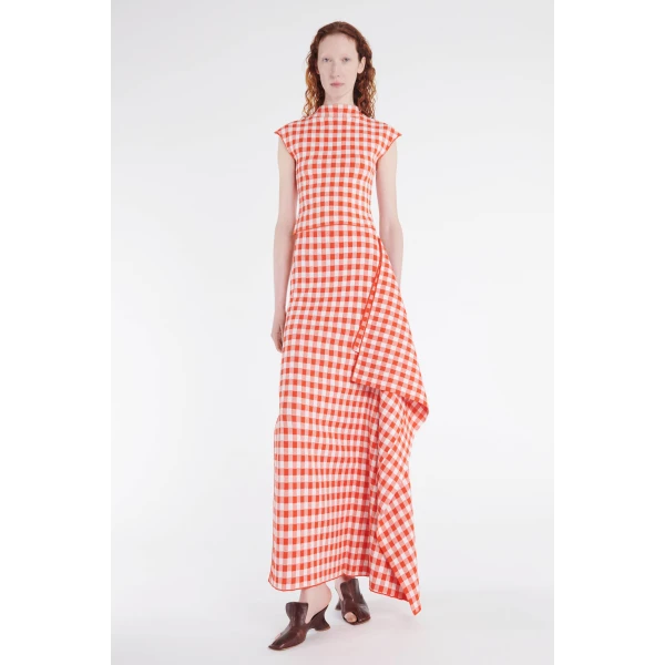 Awake Mode Knitted Fitted Maxi Skirt With Side Panel Red White Gingham, view 6