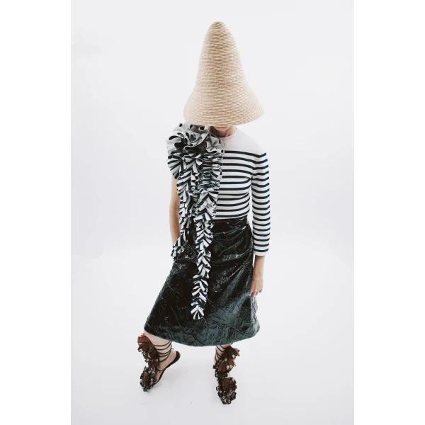Awake Mode Knitted Fitted Top With Ruffle White Navy Striped, view 5