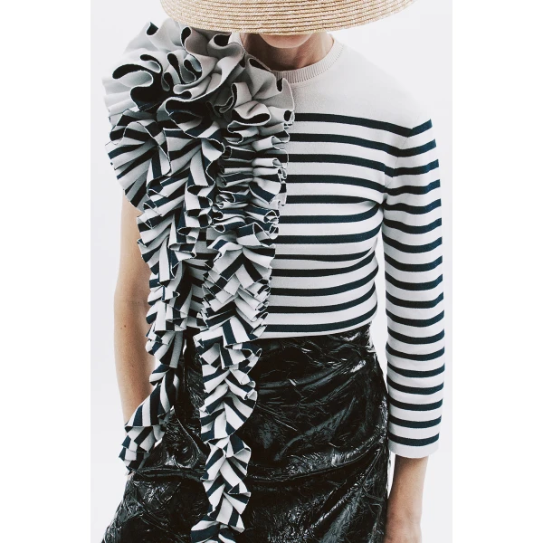Awake Mode Knitted Fitted Top With Ruffle White Navy Striped, view 6