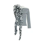 Awake Mode Knitted Fitted Top With Ruffle White Navy Striped