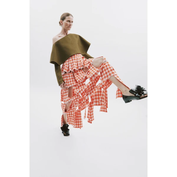 Awake Mode Knitted Multi Trapeze Skirt Red White Gingham, view 2