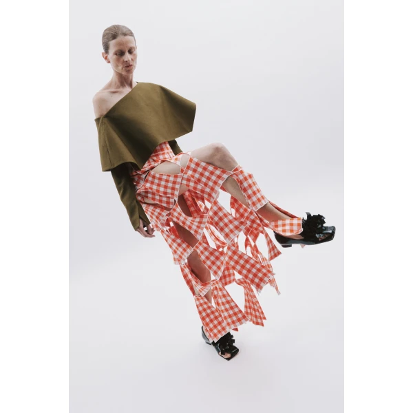 Awake Mode Knitted Multi Trapeze Skirt Red White Gingham, view 3