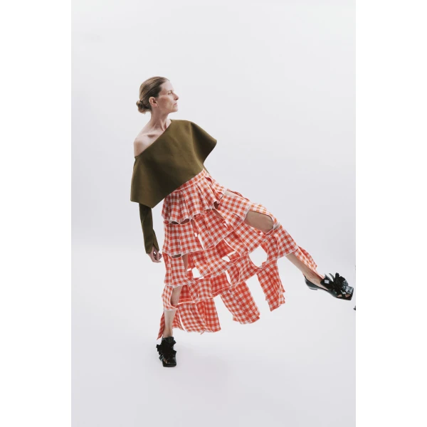Awake Mode Knitted Multi Trapeze Skirt Red White Gingham, view 4