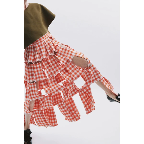 Awake Mode Knitted Multi Trapeze Skirt Red White Gingham, view 5