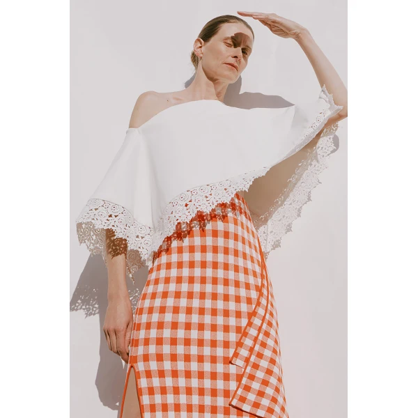Awake Mode Lace Trimmed Big Collar Top Off White, view 6