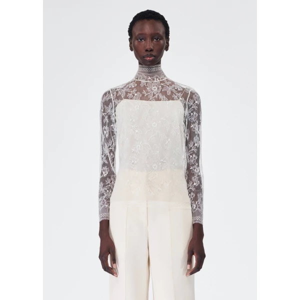 Adam Lippes Chantilly Lace Turtleneck in Ivory Top, view 4