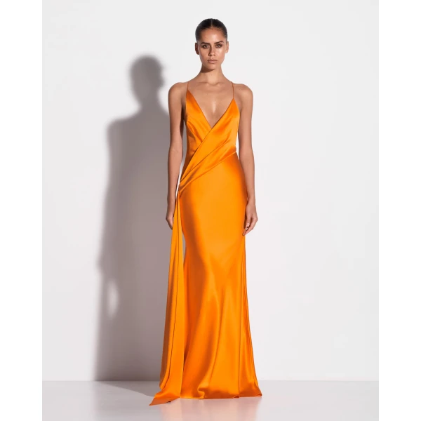Alex Perry Bikini Wrap Asymmetric Gown in Silk Satin, Orange, view 2