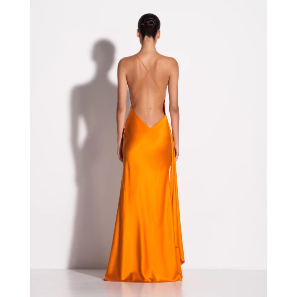 Alex Perry Bikini Wrap Asymmetric Gown in Silk Satin, Orange, view 3