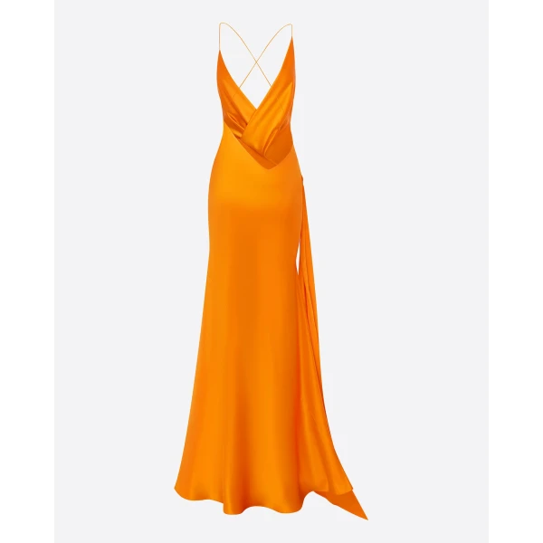 Alex Perry Bikini Wrap Asymmetric Gown in Silk Satin, Orange, view 4