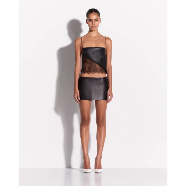 Alex Perry Camisole Top in Leather & Lace, Black, view 2
