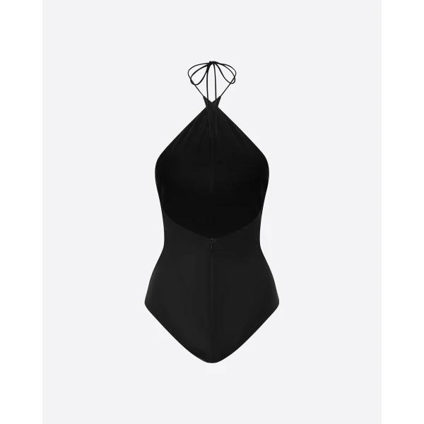 Alex Perry Cross Tie Halter Bodysuit in Stretch Mesh, Black, view 4
