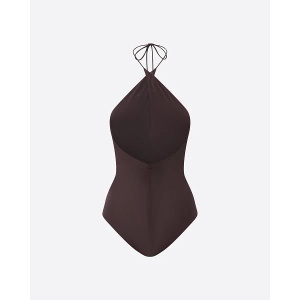 Alex Perry Cross Tie Halter Bodysuit in Stretch Mesh, Smoke, view 4
