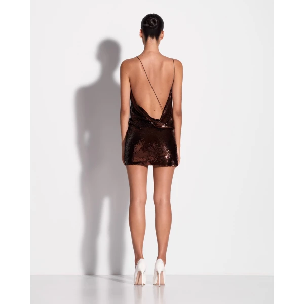 Alex Perry Draped Mini Dress in Sequin Mesh, Chocolate, view 3