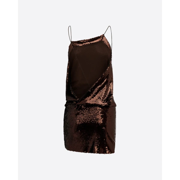 Alex Perry Draped Mini Dress in Sequin Mesh, Chocolate, view 4