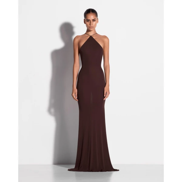 Alex Perry Halter Gown in Dry Jersey, Carob, view 2