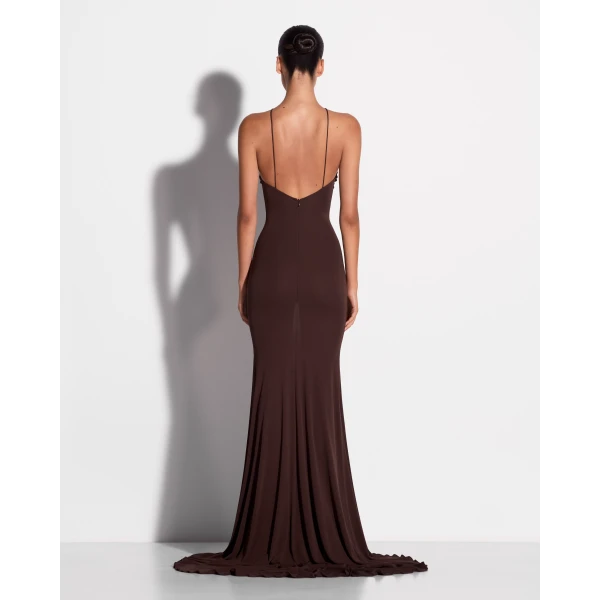 Alex Perry Halter Gown in Dry Jersey, Carob, view 3