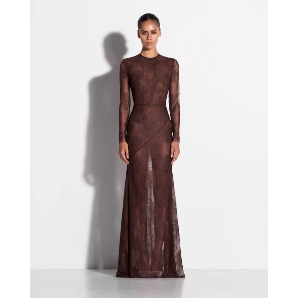 Alex Perry Long Sleeve Gown in Lace, Cacao, view 2