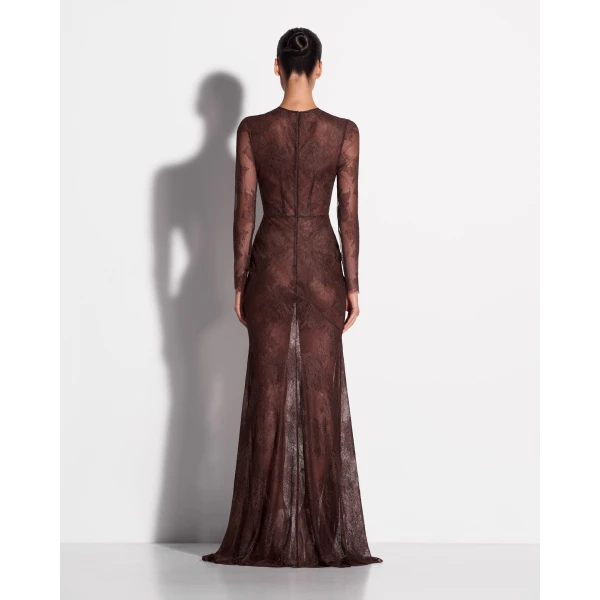 Alex Perry Long Sleeve Gown in Lace, Cacao, view 3