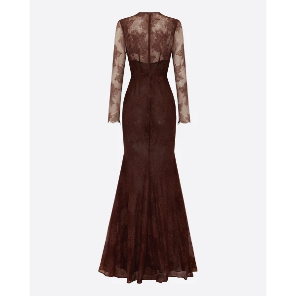 Alex Perry Long Sleeve Gown in Lace, Cacao, view 4