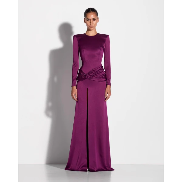Alex Perry Long Sleeve Knot Gown in Satin Crepe, Plum, view 2