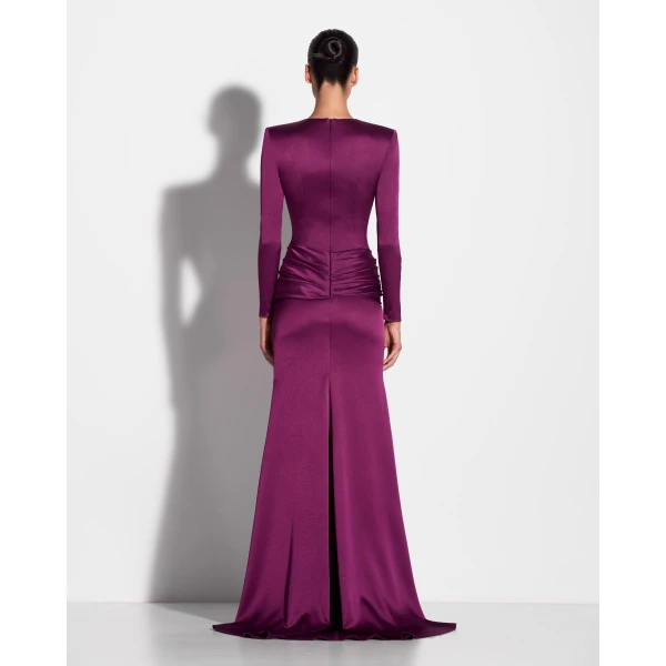 Alex Perry Long Sleeve Knot Gown in Satin Crepe, Plum, view 3