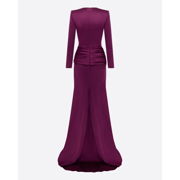 Alex Perry Long Sleeve Knot Gown in Satin Crepe, Plum, view 4