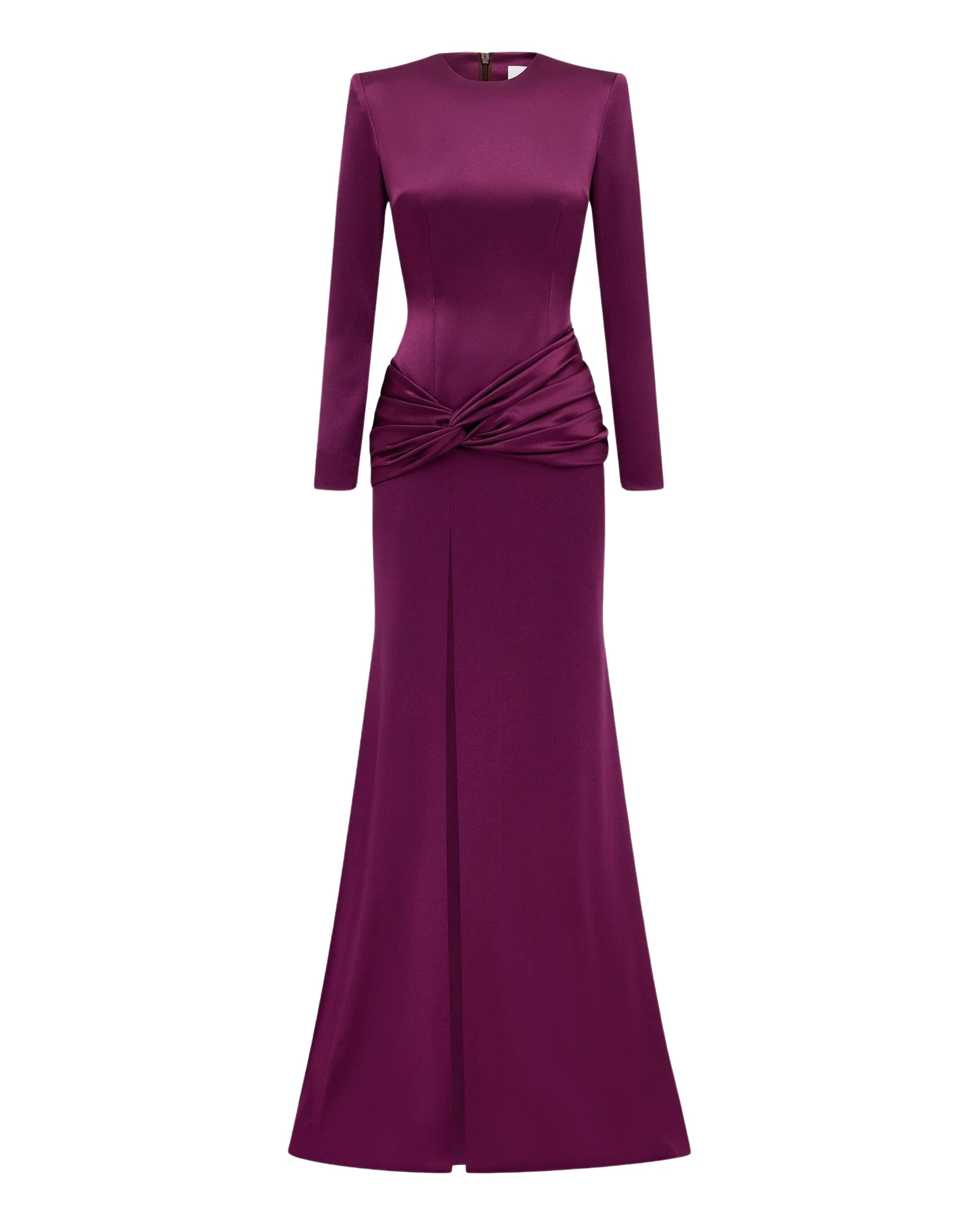 Alex Perry Long Sleeve Knot Gown in Satin Crepe, Plum