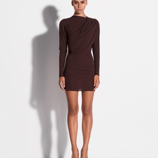 Alex Perry Long Sleeve Open Back Drape Mini Dress in Dry Jersey, Carob, view 2