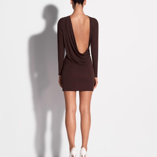 Alex Perry Long Sleeve Open Back Drape Mini Dress in Dry Jersey, Carob, view 3