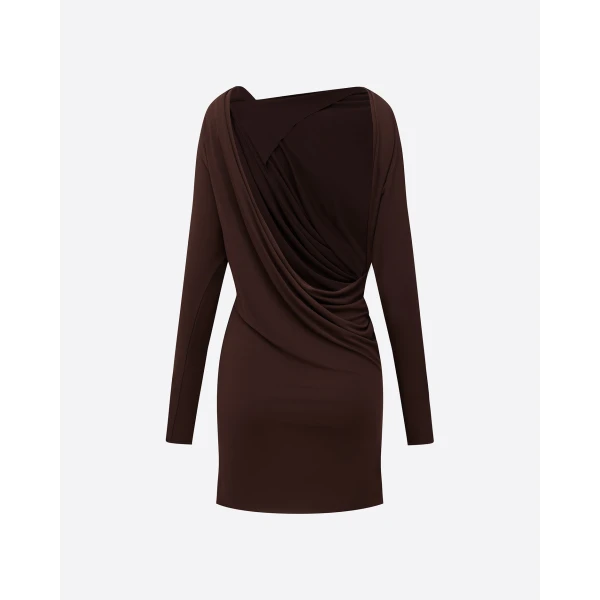 Alex Perry Long Sleeve Open Back Drape Mini Dress in Dry Jersey, Carob, view 4