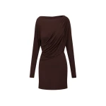 Alex Perry Long Sleeve Open Back Drape Mini Dress in Dry Jersey, Carob