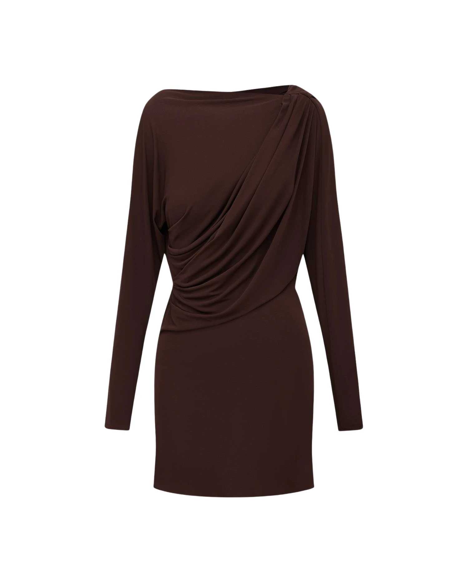 Alex-Perry-Long-Sleeve-Open-Back-Drape-Mini-Dress-in-Dry-Jersey-Carob70214_nobg Alex Perry Long Sleeve Open Back Drape Mini Dress in Dry Jersey, Carob