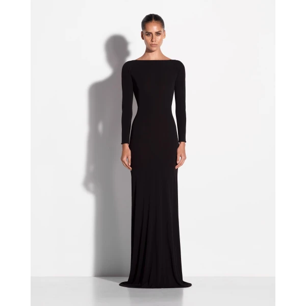 Alex Perry Long Sleeve Open Back Gown in Dry Jersey, Black, view 2