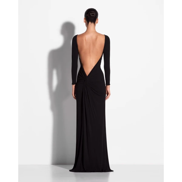 Alex Perry Long Sleeve Open Back Gown in Dry Jersey, Black, view 3