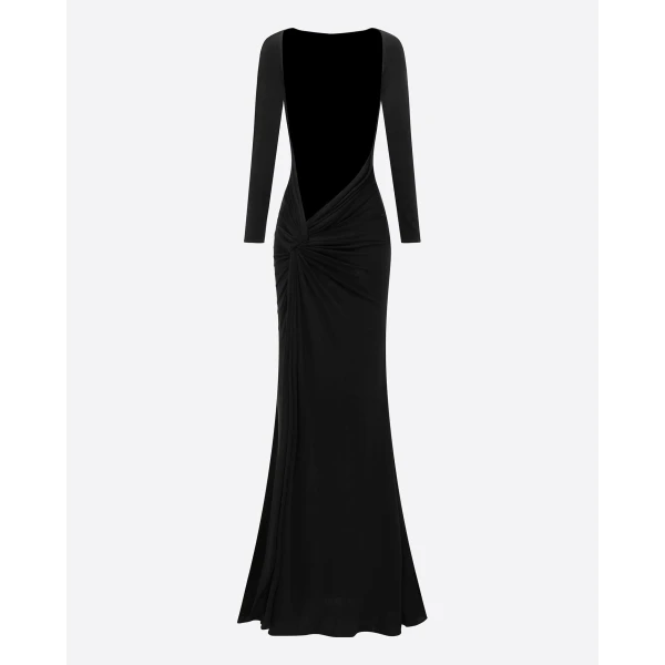 Alex Perry Long Sleeve Open Back Gown in Dry Jersey, Black, view 4