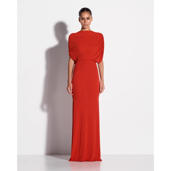 Alex Perry Off Shoulder Cape Gown in Dry Jersey, Scarlet, view 2