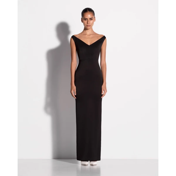 Alex Perry Off Shoulder Column in Satin Crepe, Black Dress, view 2
