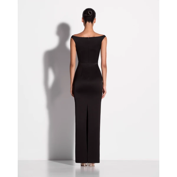 Alex Perry Off Shoulder Column in Satin Crepe, Black Dress, view 3