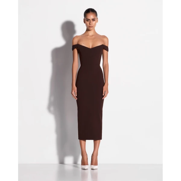 Alex Perry Off Shoulder Dress in Stretch Crepe, Cacao, view 2