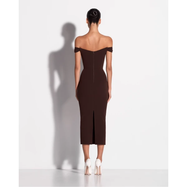 Alex Perry Off Shoulder Dress in Stretch Crepe, Cacao, view 3