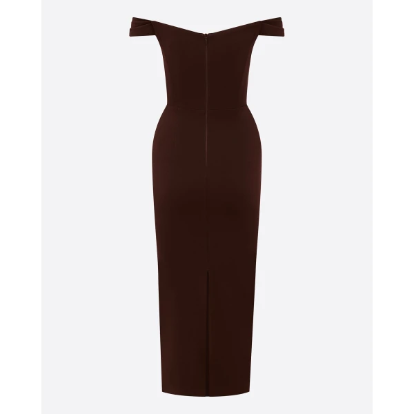 Alex Perry Off Shoulder Dress in Stretch Crepe, Cacao, view 4