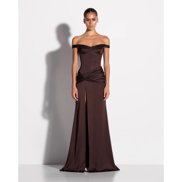 Alex Perry Off Shoulder Knot Gown in Satin Crepe, Cacao, view 2