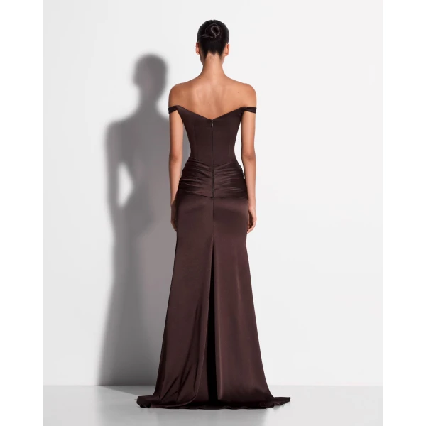 Alex Perry Off Shoulder Knot Gown in Satin Crepe, Cacao, view 3