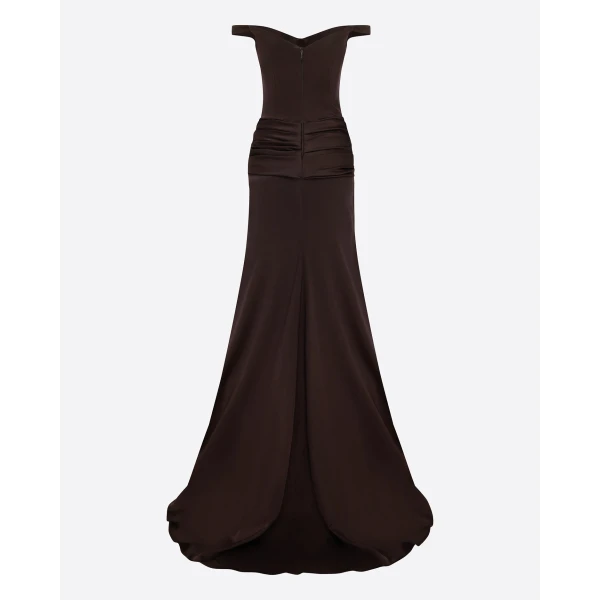 Alex Perry Off Shoulder Knot Gown in Satin Crepe, Cacao, view 4