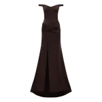 Alex Perry Off Shoulder Knot Gown in Satin Crepe, Cacao